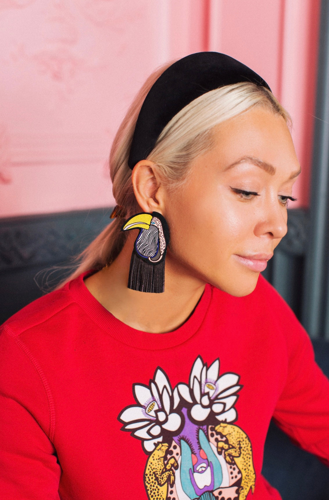 Handmade transformer leather Tucan earrings