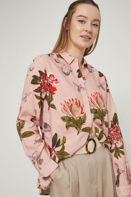 Women's button up pink floral blouse