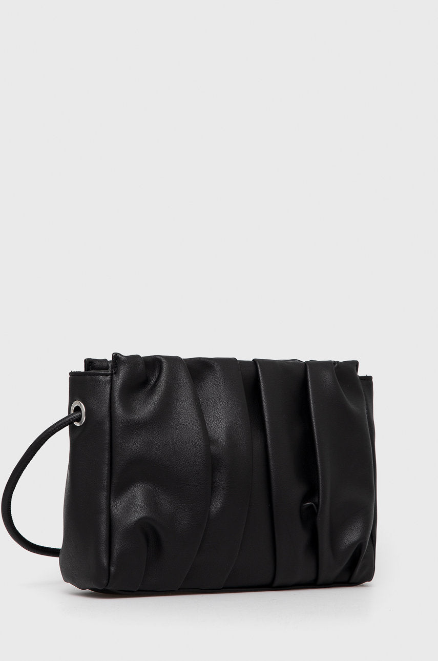 Black eco leather handbag with decorative ruffles